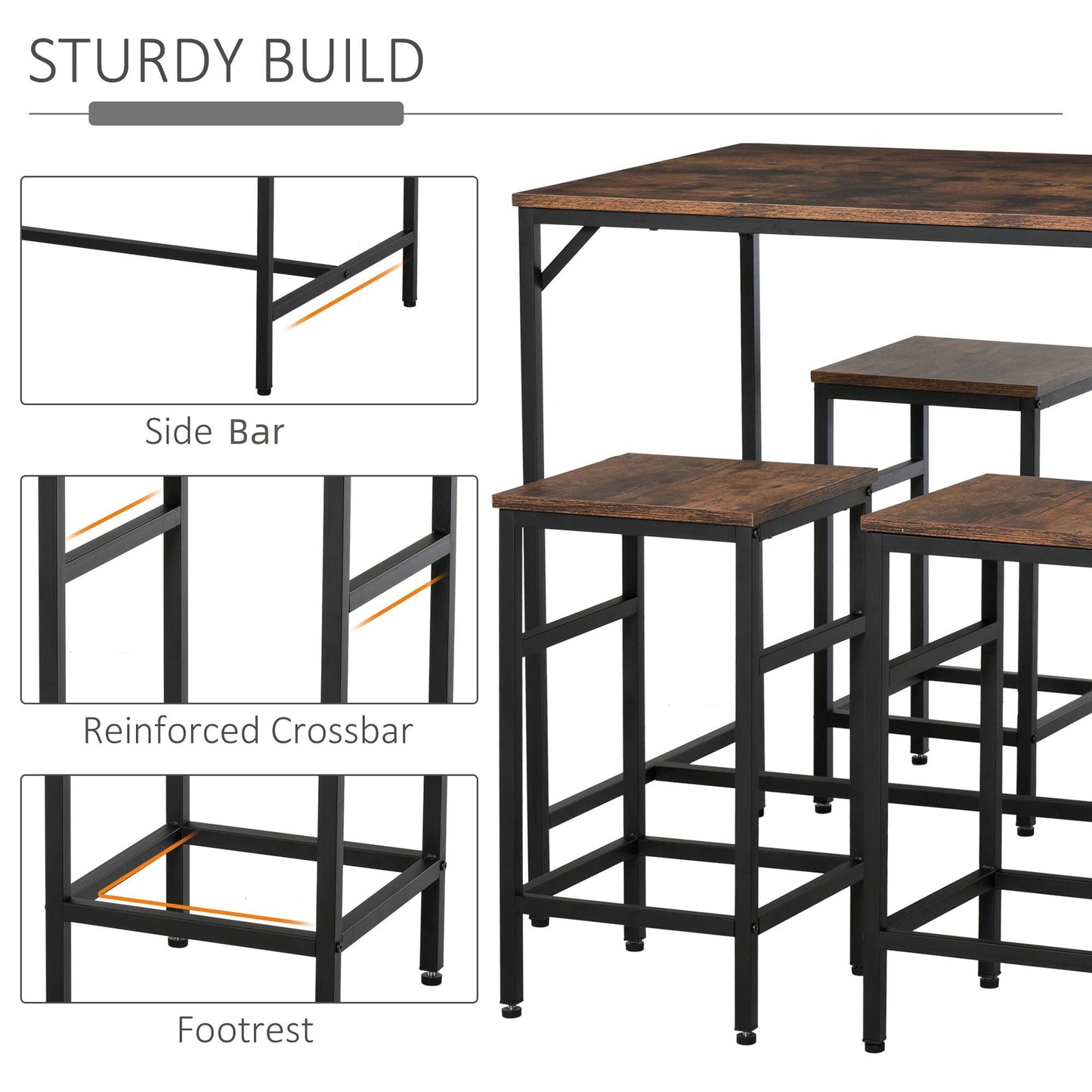 5 Piece Modern Dining Table and 4 Stools Industrial Dining Set with Footrest & Legs