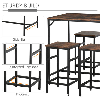 5 Piece Modern Dining Table and 4 Stools Industrial Dining Set with Footrest & Legs
