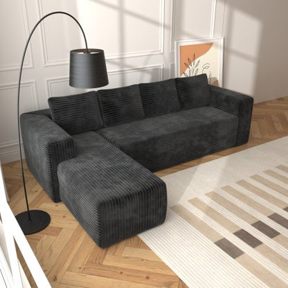 Cloud-Sofagarnitur mit L-förmiger Chaise, Moderne modulare Sitzbank mit tiefer Sitzfläche, Bezogene Sofas mit rechtsgerichteter Chaise für Wohnzimmer und Schlafzimmer, Keine Montage erforderlich, Schwarzer Plüsch-Cordstoff