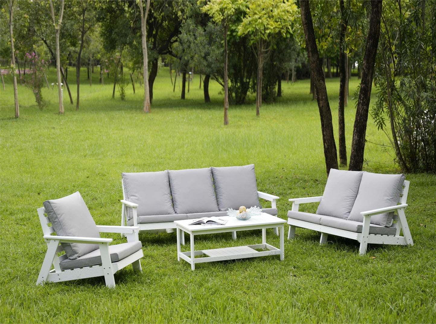 HIPS 3-Sitzer-Sofa mit Kissen, Holzoptik-Außen-Garten-Sofa, Weiß-Grau