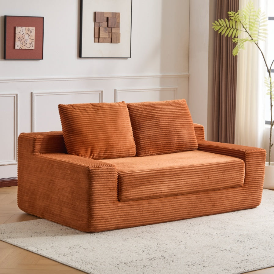 Zweisitzer-Sofa, Bequemes Sofa-Bett mit tiefer Sitzfläche, Modernes kleines Cord-Sofa für Wohnzimmer und Schlafzimmer, Umkehrbares Kissen mit Kissen, Keine Montage erforderlich, Orange