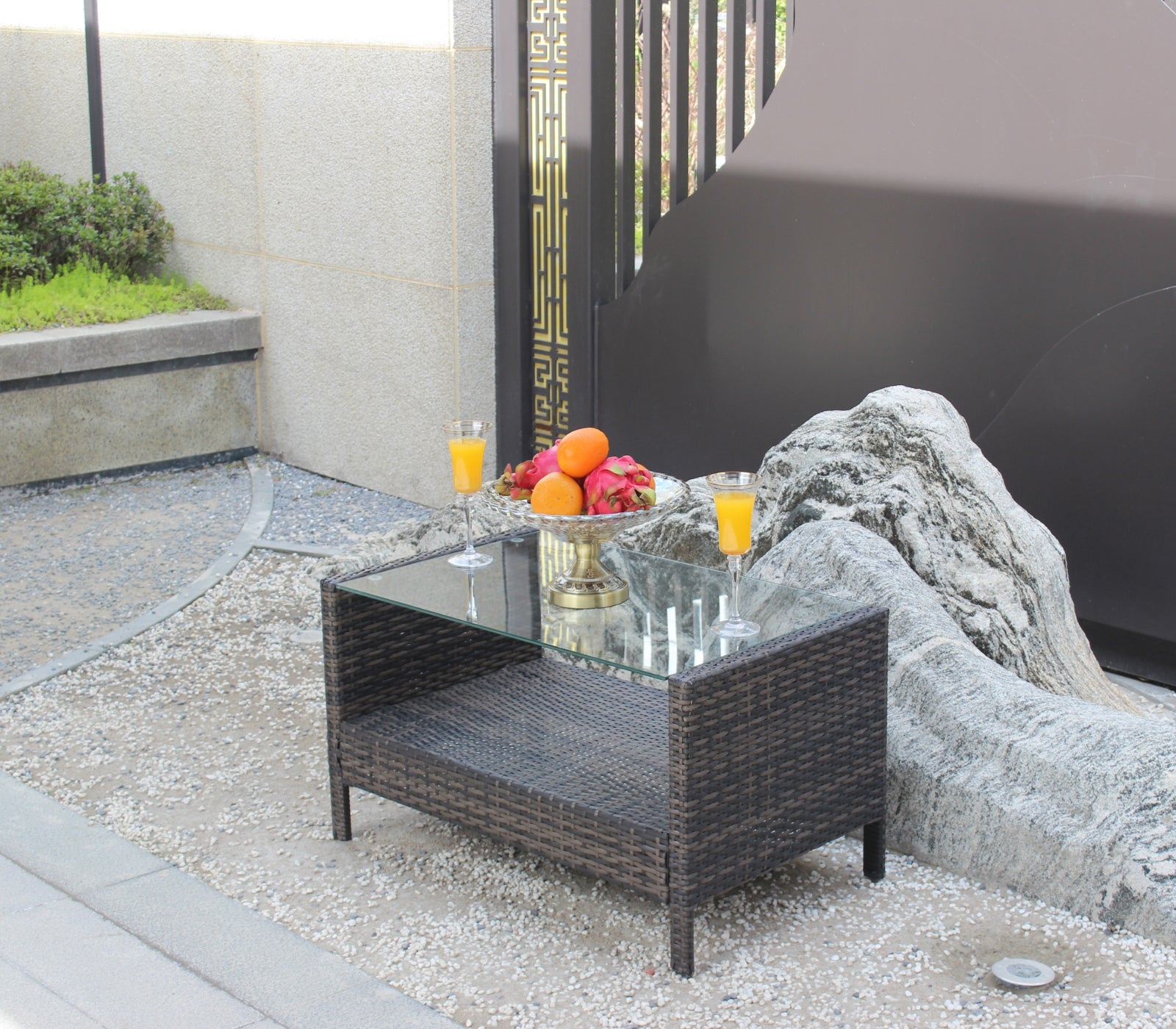Brown Iron Coffee Table Tempered Glass Patio