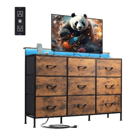 47-Zoll-Fernseherständer für Fernseher bis zu 55 Zoll, Unterhaltungszentrum mit RGB-LED-Lichtern und Ladestation, Medienkonsole mit 9 Stoffschubladen