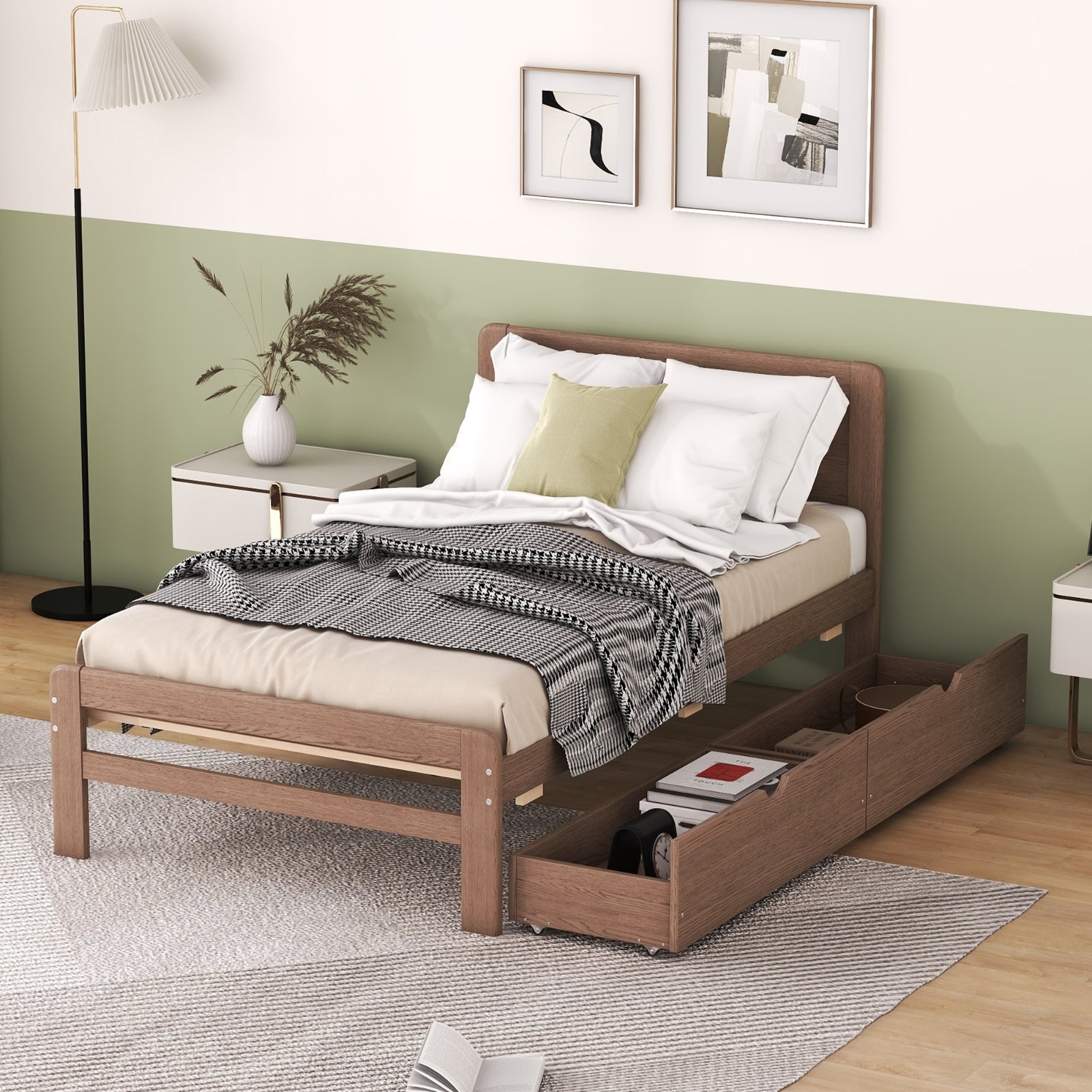 Moderner Design Doppelbettgestell in Plattformstil mit 2 Schubladen für Walnussfarbe