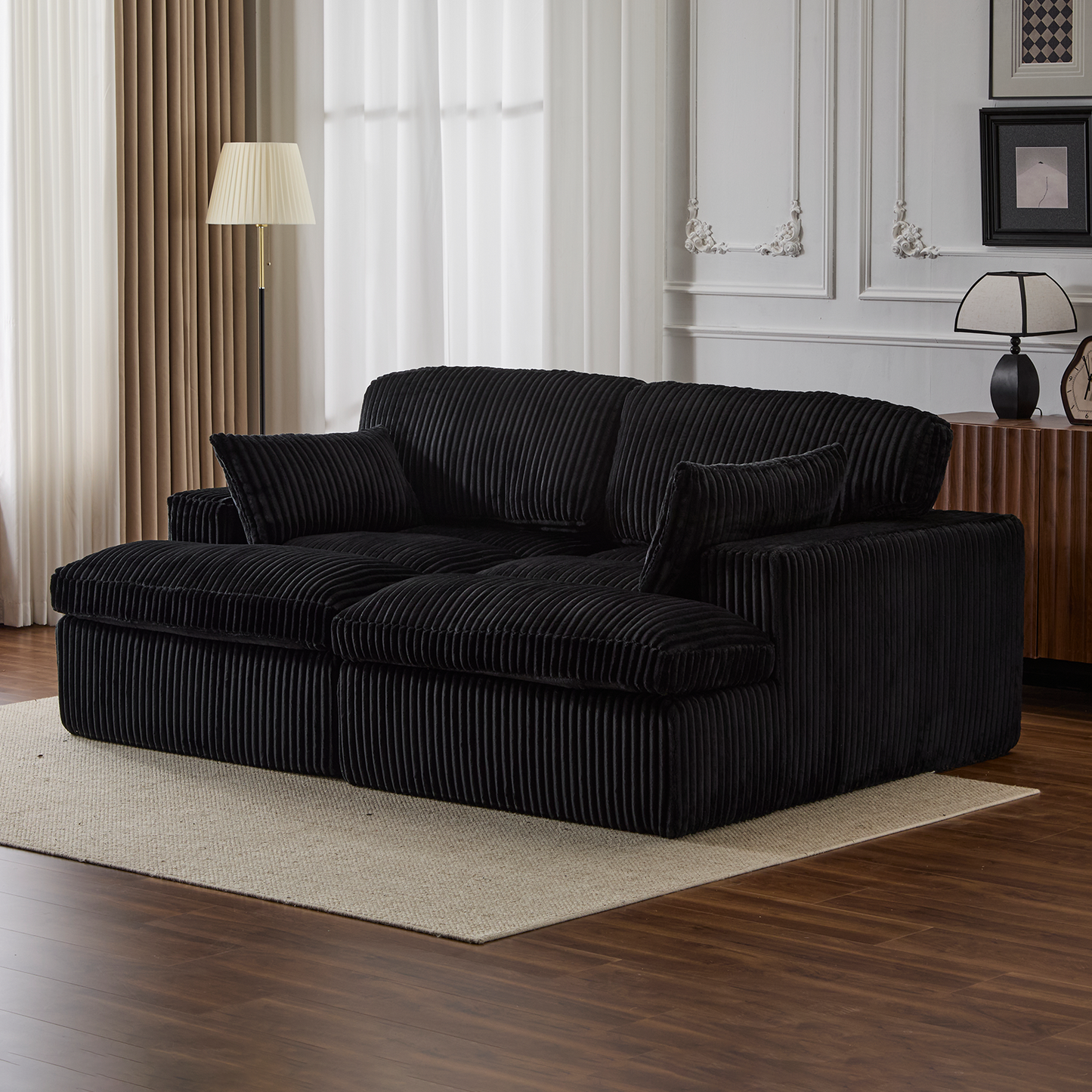 Doppel-Liege-Stuhl für Innenräume, Überdimensionierte Bezogene Schlafcouch Cloud-Sofa, Tief Sitzendes Luxus-Sofabett, Sektionale Sofa-Liege-Liebesitz, Corduroy-Lesestuhl für das Wohnzimmer, Keine Montage erforderlich, Schwarz