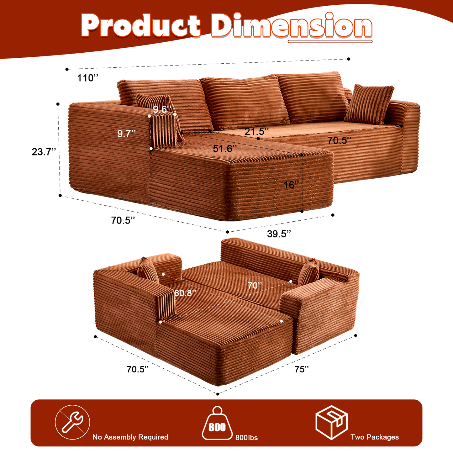Kompressions-Sektionale Couch mit bequemer Chaise, knochenlose L-förmige Sofa mit tiefer Sitzfläche, minimalistisches modulares Couch-Sofabett für Wohnzimmer, Schlafzimmer, Apartment und Lounge, Corduroy, Braun