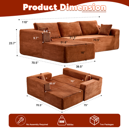 Kompressions-Sektionale Couch mit bequemer Chaise, knochenlose L-förmige Sofa mit tiefer Sitzfläche, minimalistisches modulares Couch-Sofabett für Wohnzimmer, Schlafzimmer, Apartment und Lounge, Corduroy, Braun
