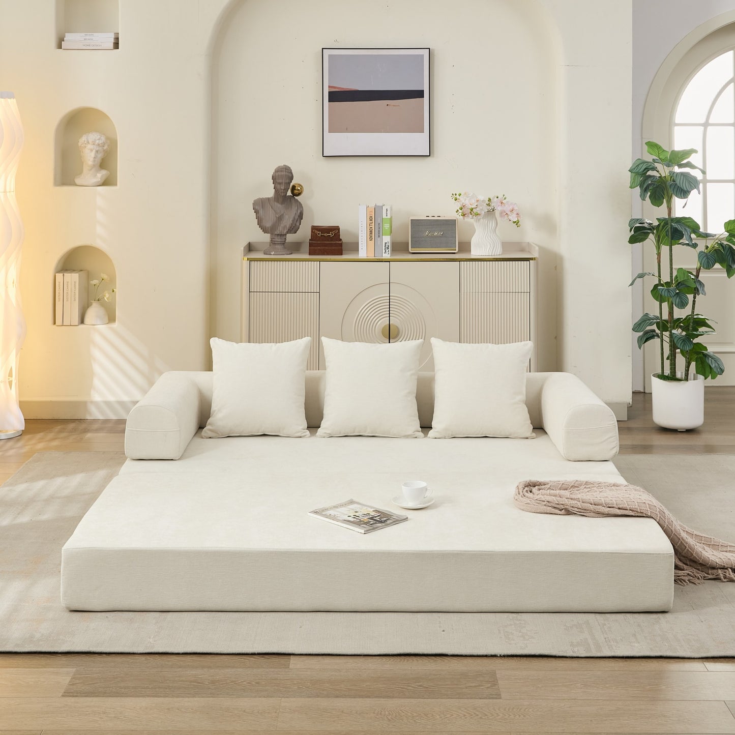 Komfortable umklappbare Matratzen-Couch, Boden-Sofabett, Chenille-Boden-Sofa mit Armlehne, Boden-Sofa-Lounge-Couch für Wohnzimmer, Schlafzimmer, Lounge und Studio-Beige