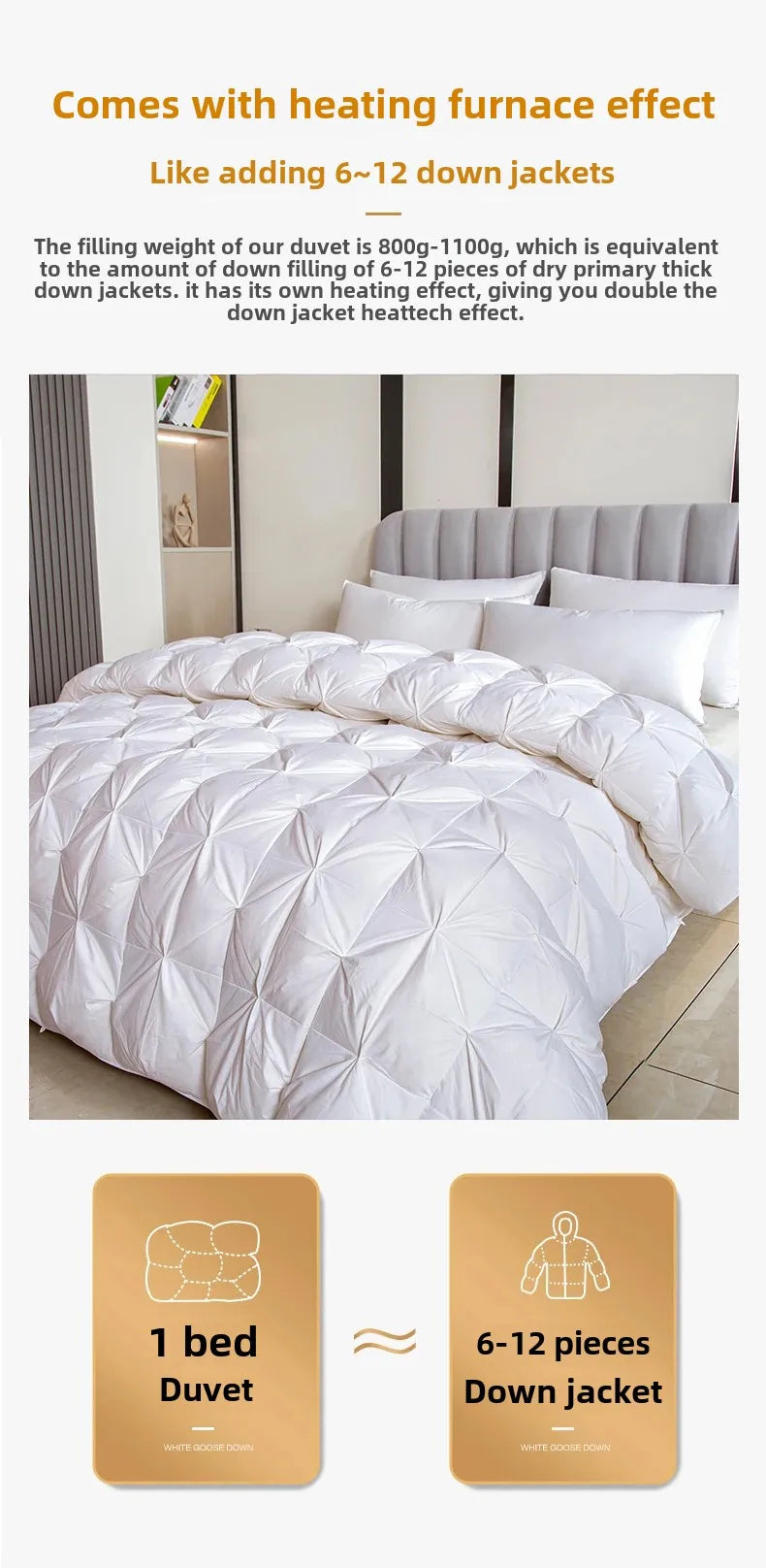 White quilted 100 percent goose down comforter with plush texture and tufted design made of pure cotton for winter use