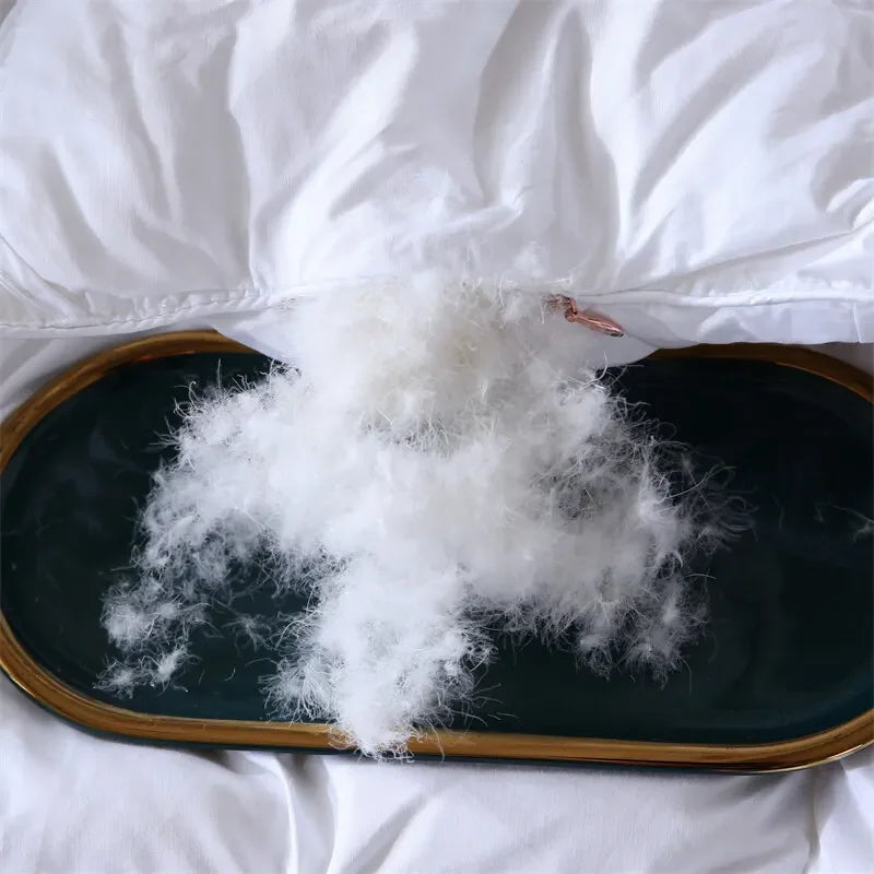 White fluffy 100 percent goose down filling spilling from a quilted cotton pillowcase onto an oval tray for winter use
