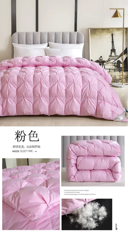 Pink quilted comforter with diamond stitching made of 100% white goose down and pure cotton for winter use