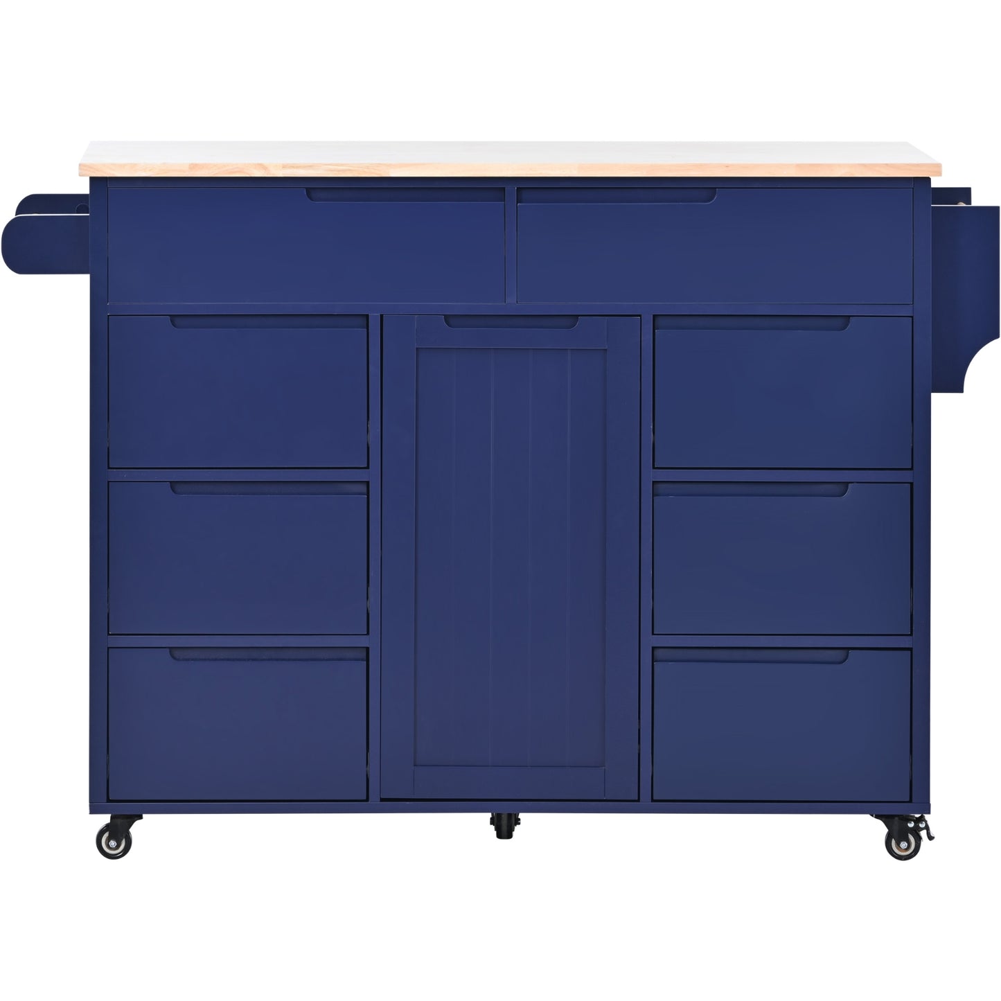 K&K Store Kitchen Cart With Rubber Wood Top, 8 Handle-Free Drawers