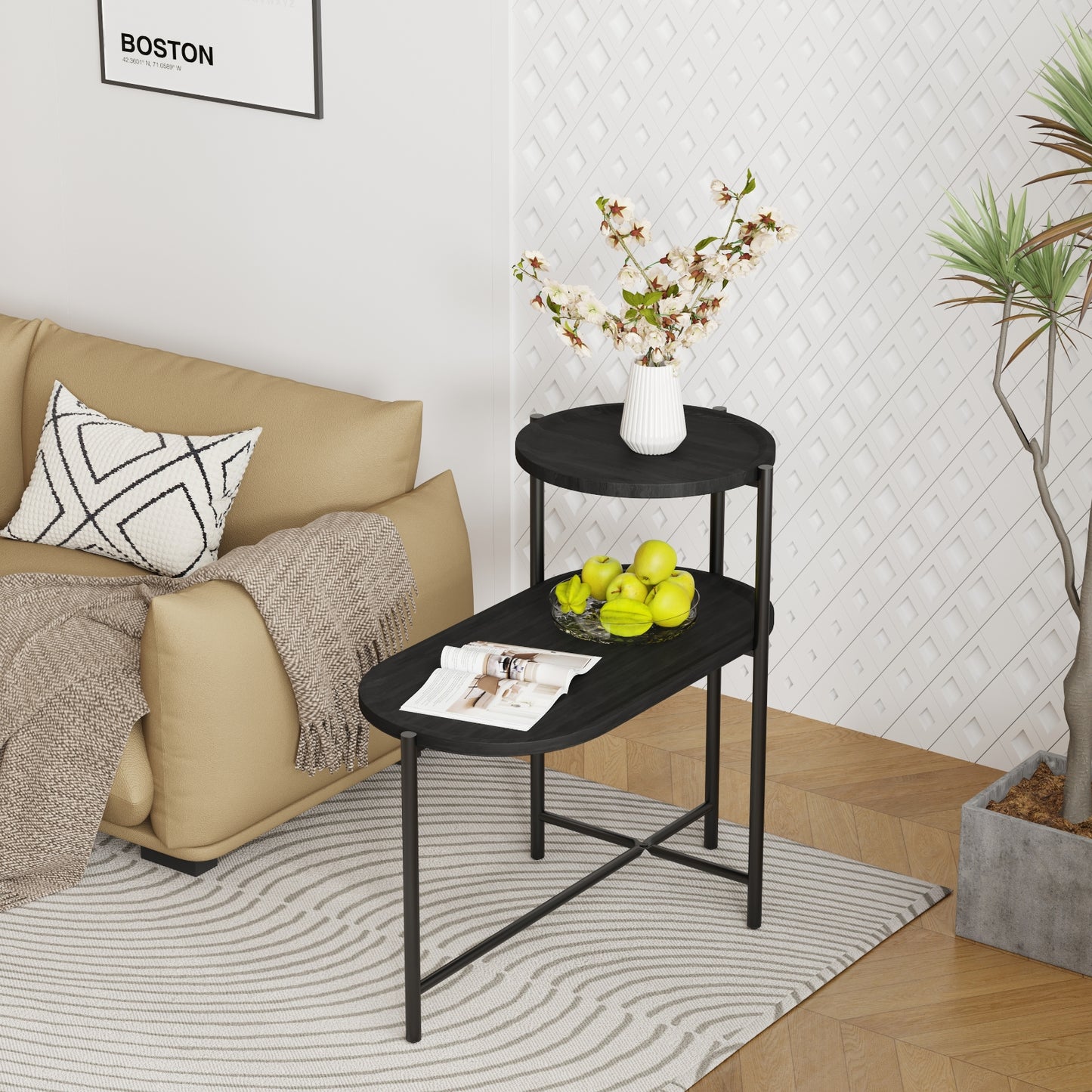 Runder Couchtisch mit Stauraumtablett 2-stufiges ovales Beistelltisch Holz kleiner Beistelltisch für das Wohnzimmer