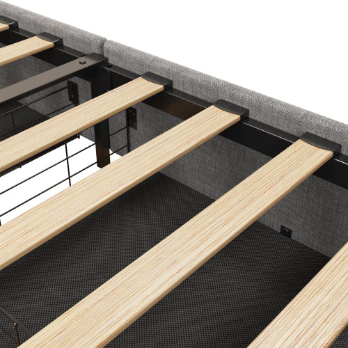 Bettgestell in voller Größe mit LED, 4 unter dem Bett portablen Stauraumschubladen, Flügel-Kopfteil-Design, Hellgrau
