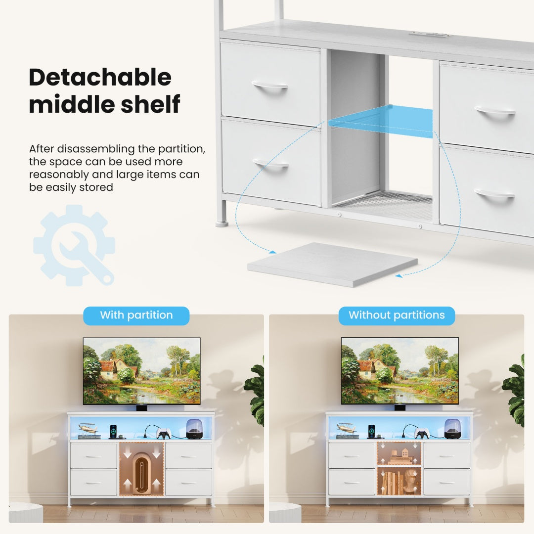 TV-Ständer, 4 Schubladen, mit LED-Lichtern und Stromsteckdosen, Möbel für das Wohnzimmer für 50-Zoll-Fernseher, mit offenen Regalen und verstellbaren Füßen