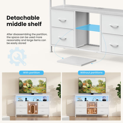 TV-Ständer, 4 Schubladen, mit LED-Lichtern und Stromsteckdosen, Möbel für das Wohnzimmer für 50-Zoll-Fernseher, mit offenen Regalen und verstellbaren Füßen