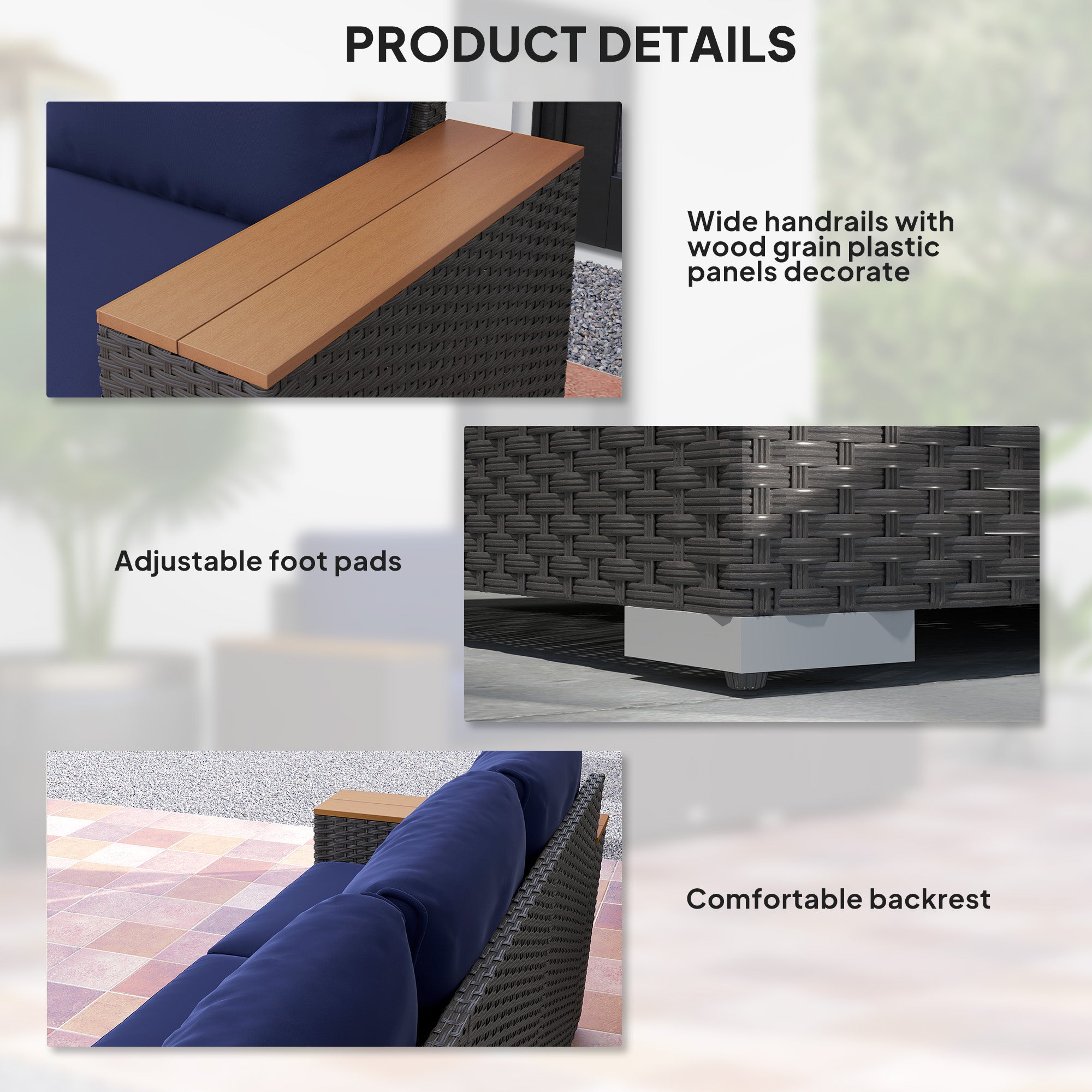3-Sitziges Außenterrassen-Sofa mit Polstern, PE-Rattan-Geflecht-Sofa mit breiten Armlehnen, Outdoor-Geflecht-Couch, Marineblau