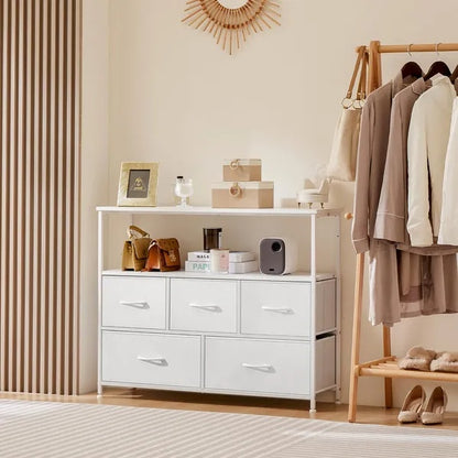 Kommode für das Schlafzimmer, Schubladenschrank, 5-Schubladen-Kommode, Kleiderschrank-Stoffkommode mit Metallrahmen TV-Ständer