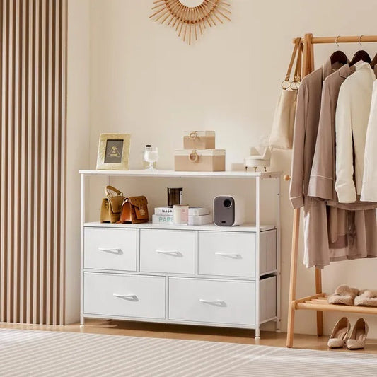 Kommode für das Schlafzimmer, Schubladenschrank, 5-Schubladen-Kommode, Kleiderschrank-Stoffkommode mit Metallrahmen TV-Ständer
