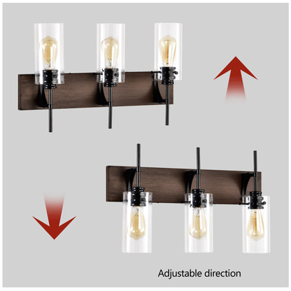 3-Lichtiges mattschwarzes Holzfarbenes Badezimmerleuchten-Set, moderne Waschtischleuchten mit Glasschirm, vintage Badezimmerleuchte über dem Spiegel Wandlichter für Küche, Esszimmer, Schlafzimmer, Flur