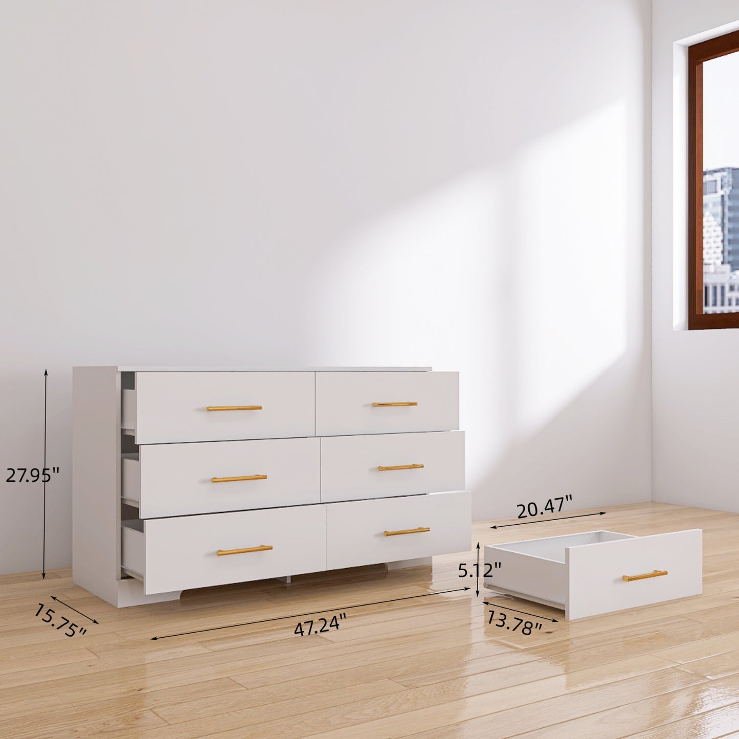 Weiße große Kommode mit 6 Schubladen und goldenem Griff