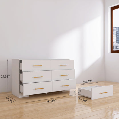 Weiße große Kommode mit 6 Schubladen und goldenem Griff