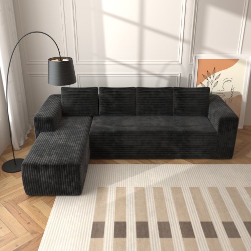 Cloud-Sofagarnitur mit L-förmiger Chaise, Moderne modulare Sitzbank mit tiefer Sitzfläche, Bezogene Sofas mit rechtsgerichteter Chaise für Wohnzimmer und Schlafzimmer, Keine Montage erforderlich, Schwarzer Plüsch-Cordstoff