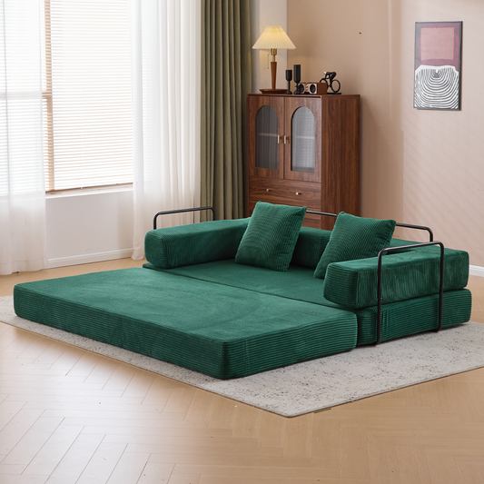 Boden-Couch, Kompressions-Sofa, Umwandelbares Boden-Sofa-Bett – mit Kissen-Rückenstütze und Armlehne, Bequeme Futon-Couch-Liege-Schlafsofa, Corduroy-Stoff, für Wohnzimmer und Schlafzimmer, Dunkelgrün
