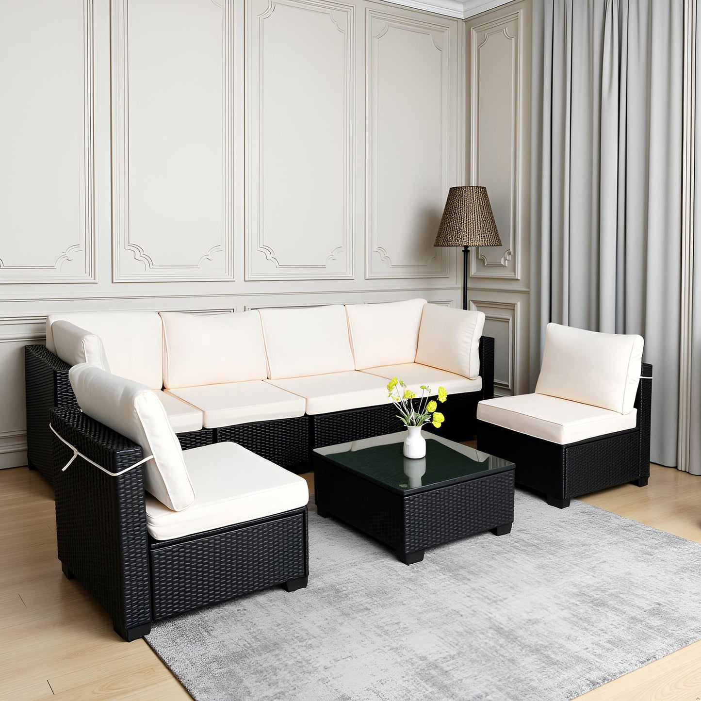 Beliebtes Siebenteiliges Sofasofa-Set mit Tisch, Sofa-Sessel, Schwarzes PE-Rattan, Outdoor, Neues Design Möbel 7-JH002 Kiste 3-1-2-3 mit Weißem Farbigen Kissen