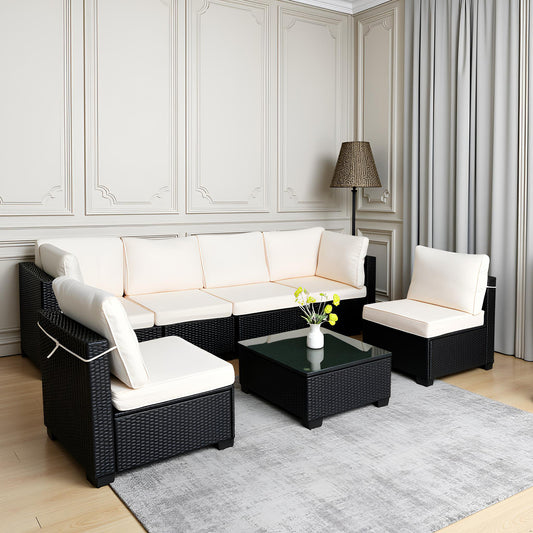 Beliebtes Siebenteiliges Sofasofa-Set mit Tisch, Sofa-Sessel, Schwarzes PE-Rattan, Outdoor, Neues Design Möbel 7-JH002 Kiste 3-1-2-3 mit Weißem Farbigen Kissen