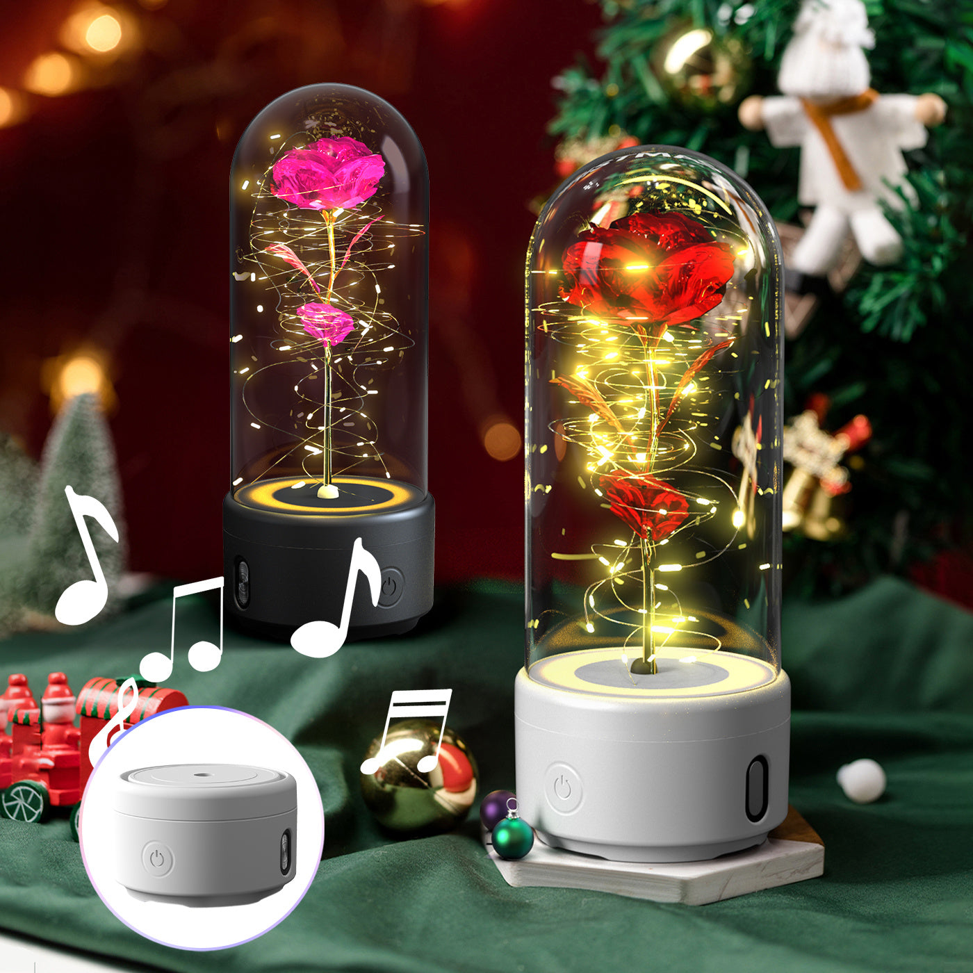Kreatives 2-in-1 Rosenblumen-LED-Licht und Bluetooth-kompatibler Lautsprecher Valentinstag-Geschenk Rosenleuchtendes Nachtlicht-Ornament mit Glasabdeckung