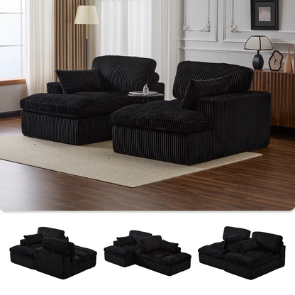 Doppel-Liege-Stuhl für Innenräume, Überdimensionierte Bezogene Schlafcouch Cloud-Sofa, Tief Sitzendes Luxus-Sofabett, Sektionale Sofa-Liege-Liebesitz, Corduroy-Lesestuhl für das Wohnzimmer, Keine Montage erforderlich, Schwarz