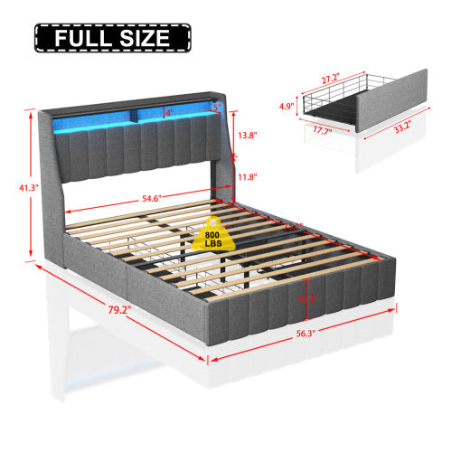 Bettgestell in voller Größe mit LED, 4 unter dem Bett portablen Stauraumschubladen, Flügel-Kopfteil-Design, Hellgrau