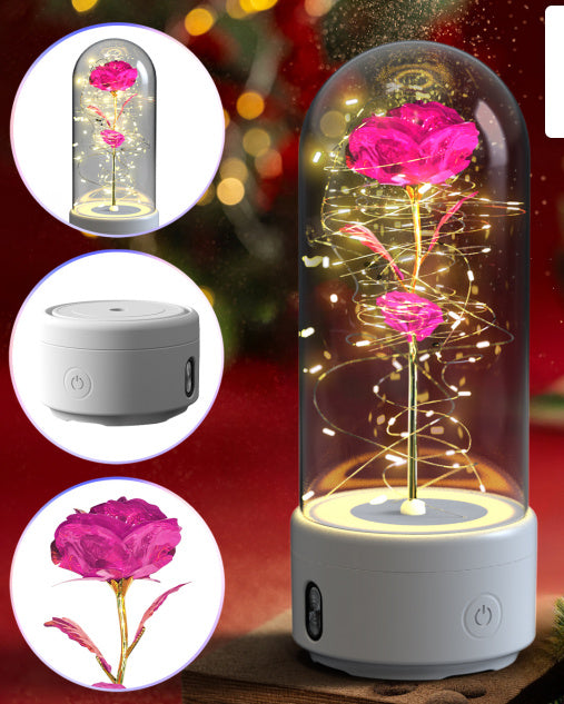 Kreatives 2-in-1 Rosenblumen-LED-Licht und Bluetooth-kompatibler Lautsprecher Valentinstag-Geschenk Rosenleuchtendes Nachtlicht-Ornament mit Glasabdeckung