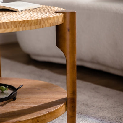 Runder Couchtisch aus Massivholz für das Wohnzimmer, 2-stufiger runder Couchtisch mit Stauraumregal, Couchtisch im Stil des Mid-Century Modern, für kleine Wohnräume im Zuhause, einfache Montage
