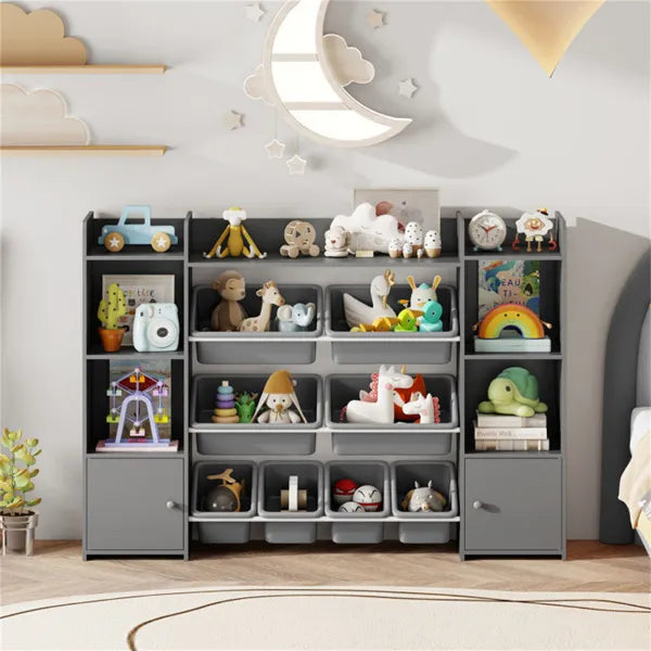 Grauer multifunktionaler Kinderspeicherregal - Spielzeugorganizer + Bücherregal, 142 cm x 30 cm x 99 cm, Umkippsicherung, Tragfähigkeit 120 kg