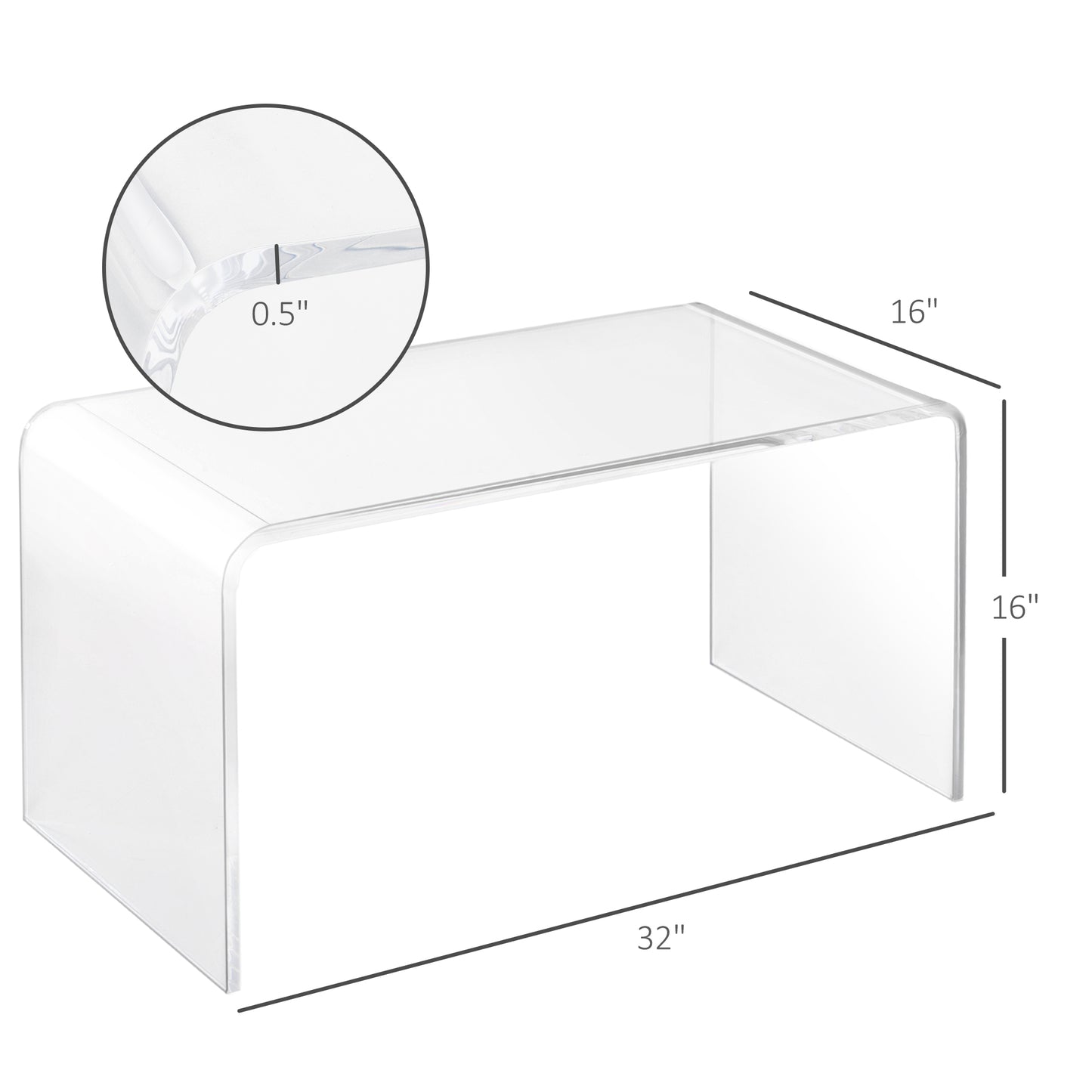 32  Clear Acrylic Coffee Table, 0.5In Thick C-Shape Waterfall End Coffee Table, Multipurpose Lucite Tea Table For Living Room