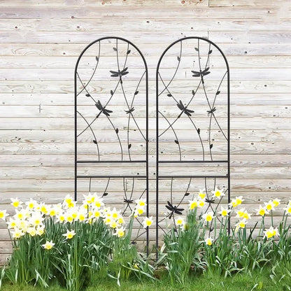 2er-Set Metall-Gartenspaliere 71" x 19,7" Rostfreies Spalier für Kletterpflanzen Außenblumenstütze Libellen-Dekor Schwarz