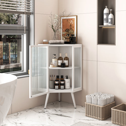Floor Conical Cabinet With Tempered Glass Door And Storage Shelves, Suitable For Bathroom, Living Room, Bedroom