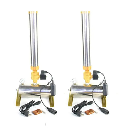 Two identical stainless steel hydraulic pumps with gold fittings and gauges for 150w confetti machine wedding colorful cannon
