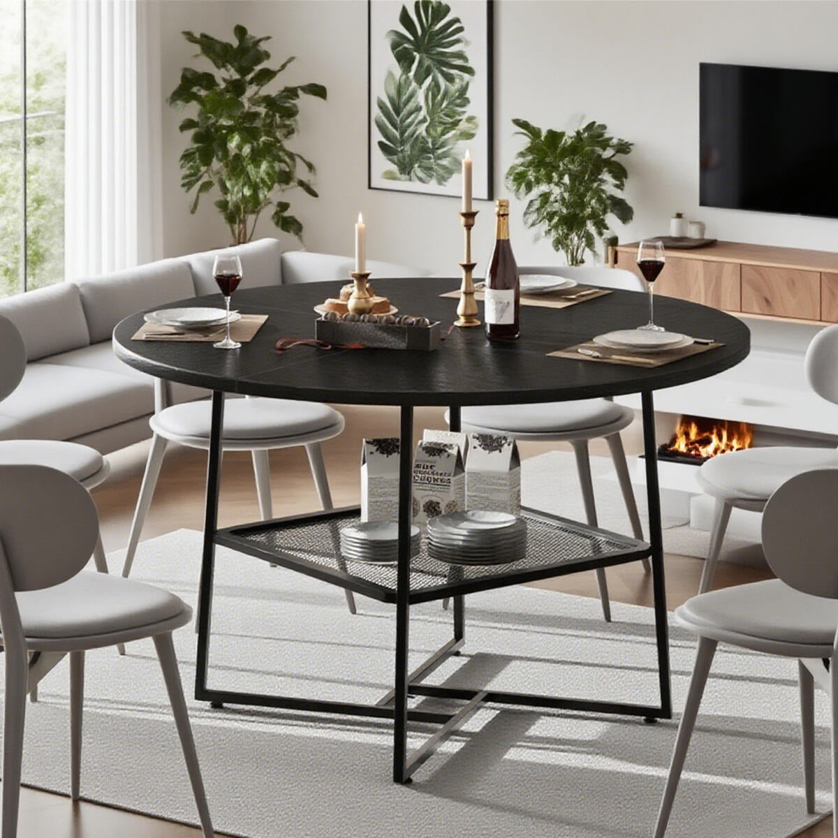51-Zoll runder Esstisch für 4-6 Personen Tigerstreifen Schwarz Holzes Esstisch für das Esszimmer mit Stauraum-Regal Platzsparender runder Esstisch mit Metallbeinen für Küche Wohnzimmer Esszimmer Restaurant Möbel