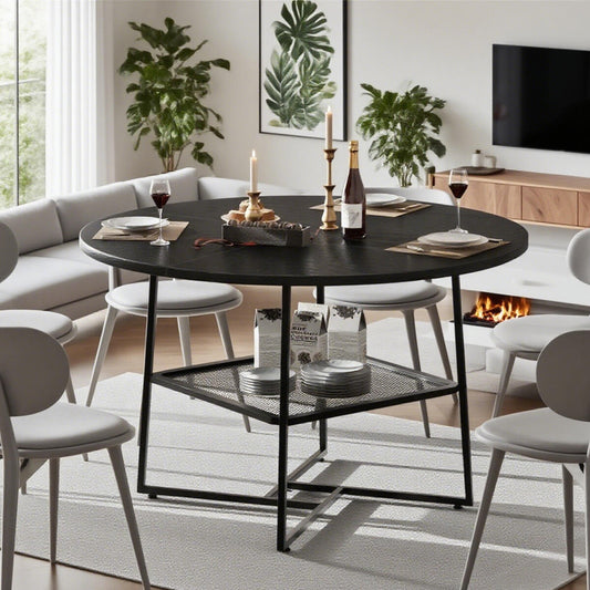 51-Zoll runder Esstisch für 4-6 Personen Tigerstreifen Schwarz Holzes Esstisch für das Esszimmer mit Stauraum-Regal Platzsparender runder Esstisch mit Metallbeinen für Küche Wohnzimmer Esszimmer Restaurant Möbel