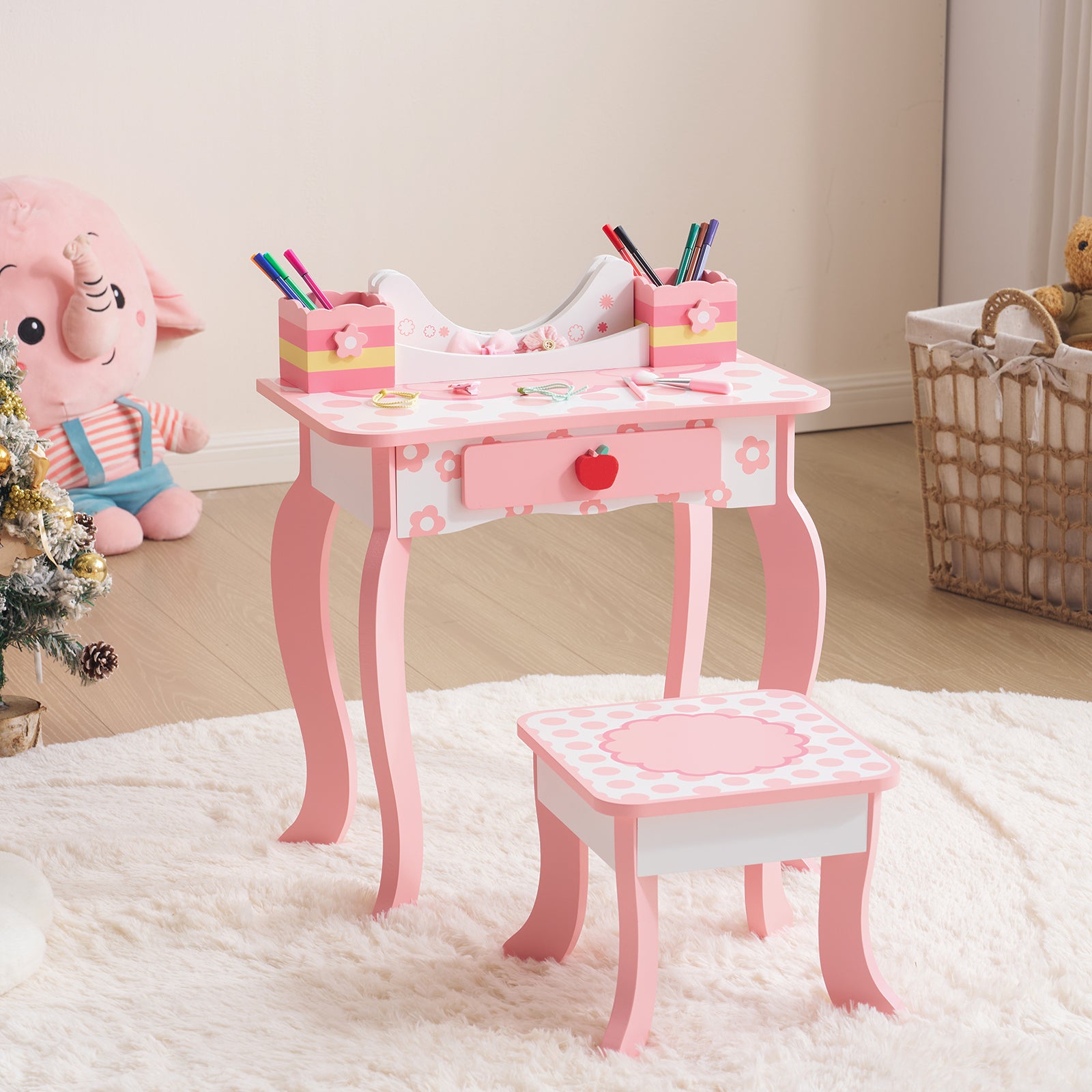 Weißes MDF, sprüh lackiertes 1-Schubladen-2-Arbeitsplatten-Speicherbox-Kinder-Ankleidetisch-Set mit Apfel-Druck