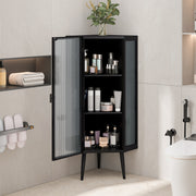 22,25'' Eckschrank für den Boden, Drei Etagen mit gehärteten Glastüren und Stauraumregalen für Badezimmer, Wohnzimmer und Schlafzimmer, schwarz