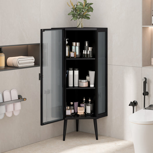 22,25'' Eckschrank für den Boden, Drei Etagen mit gehärteten Glastüren und Stauraumregalen für Badezimmer, Wohnzimmer und Schlafzimmer, schwarz