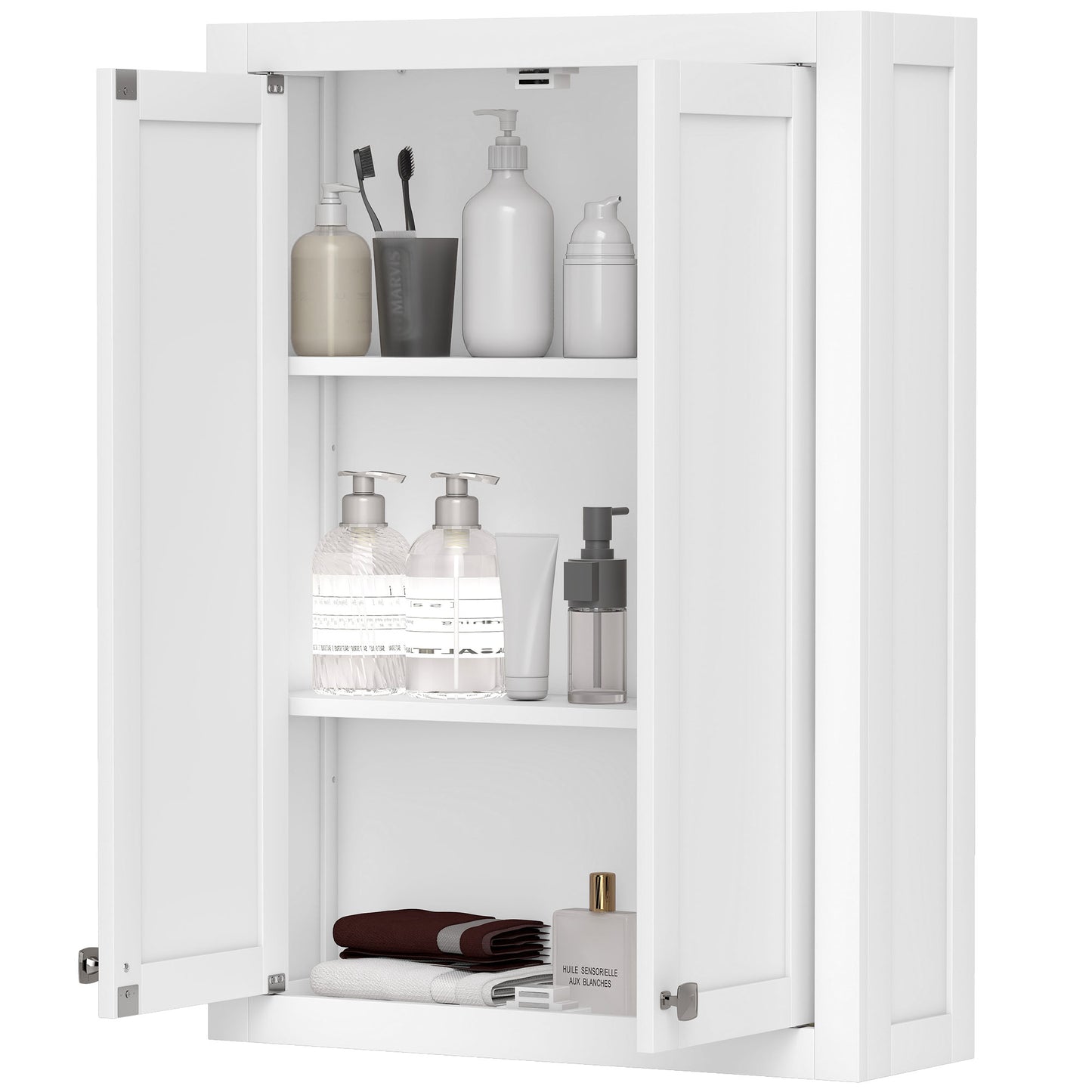 Badezimmerschrank Wandmontiert, Moderner Badezimmerschrank an der Wand mit 2 Türen und 2 einstellbaren Regalen, Weiß