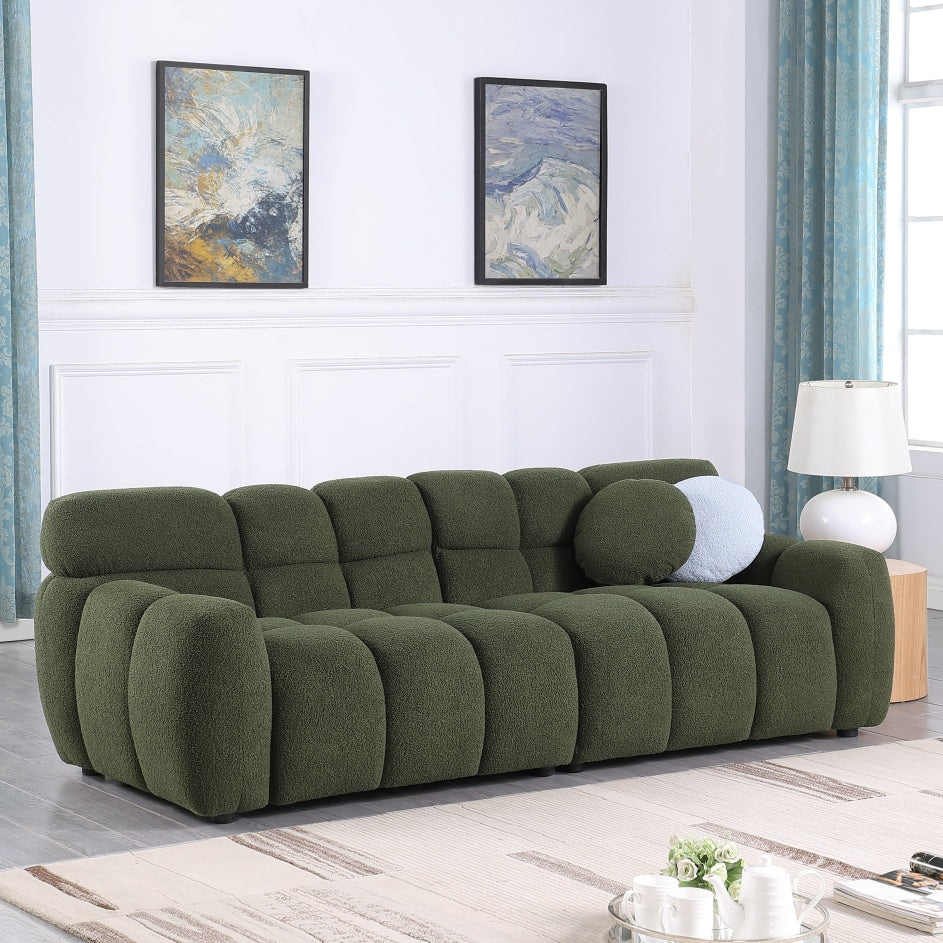 87,4 Länge, 35,83 Zoll Tiefe, menschliche Körperstruktur für US-Amerikaner, Marshmallow-Sofa, Bouclé-Sofa, 3-Sitzer, OLIVGRÜN BOUCLE