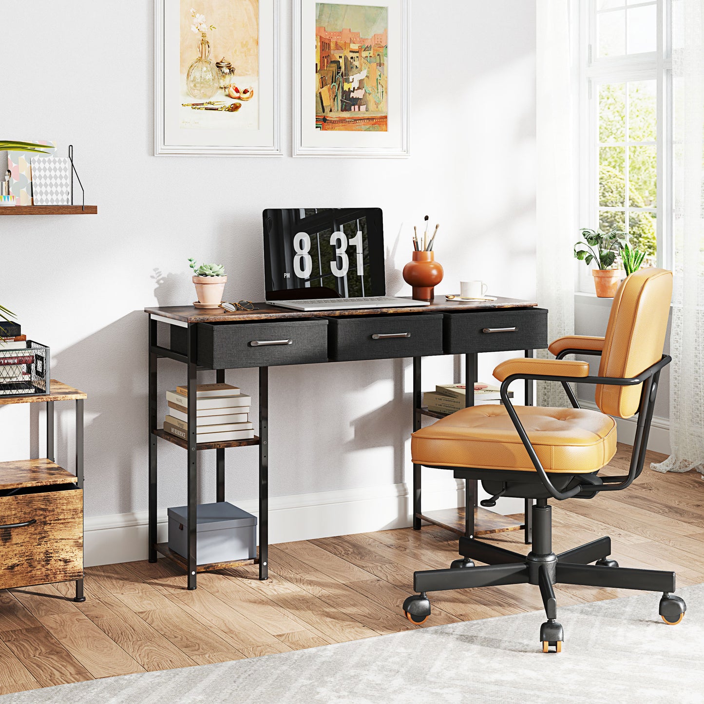 47 Zoll Kleiner Computertisch, Schreibtisch mit Stoffschubladen, Schreibtisch für das Home Office mit einstellbaren Regalen, rustikal braun