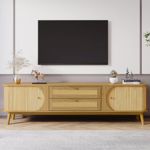 Rattan-Fernsehtisch für Fernseher bis 75 Zoll, modernes Bauernhaus-Medienbüfett, Unterhaltungszentrum mit massiven Holzbeinen, TV-Schrank für das Wohnzimmer, Heimkino