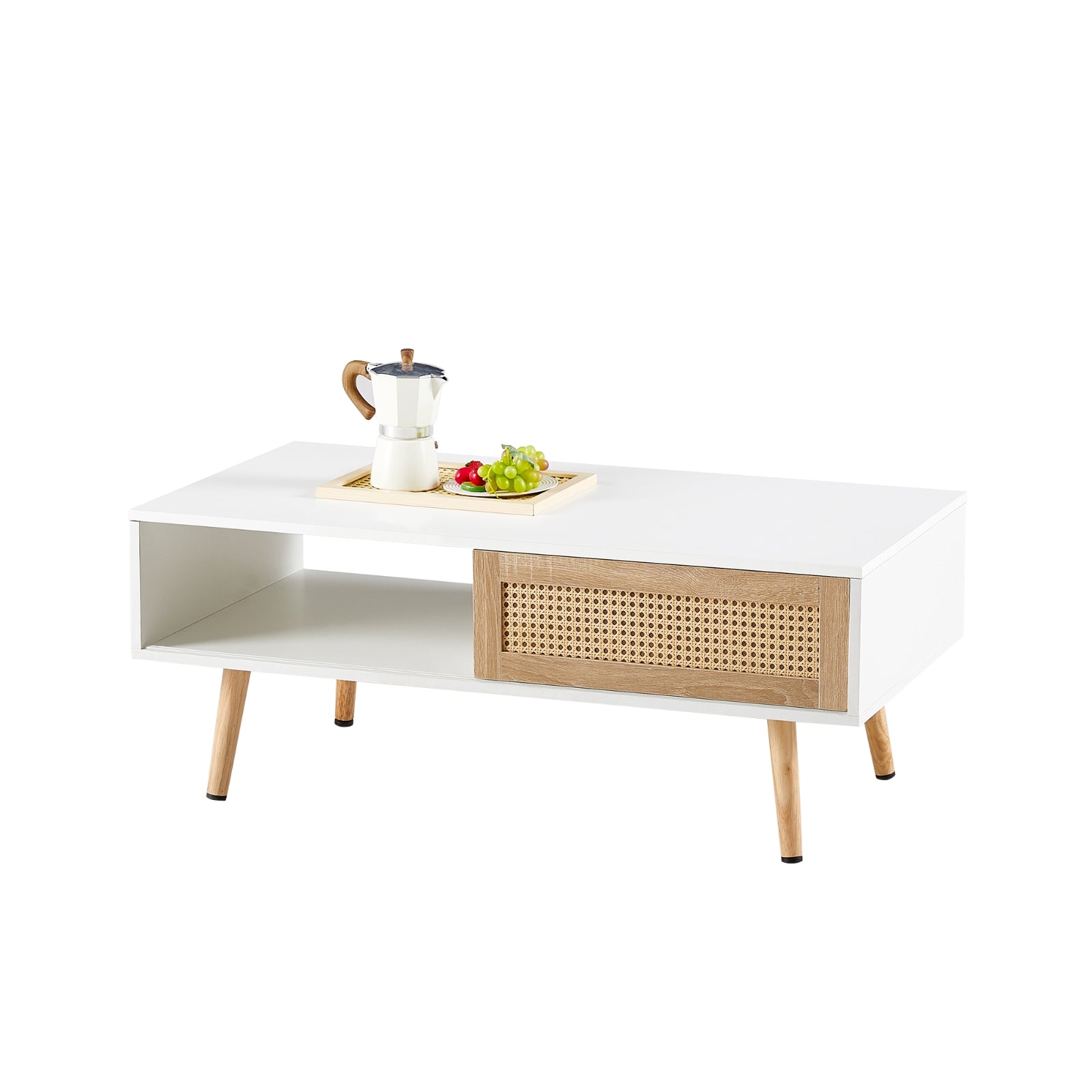 Rattan Couchtisch mit Schiebetür und massiven Holzbeinen - Modernes Wohnzimmer